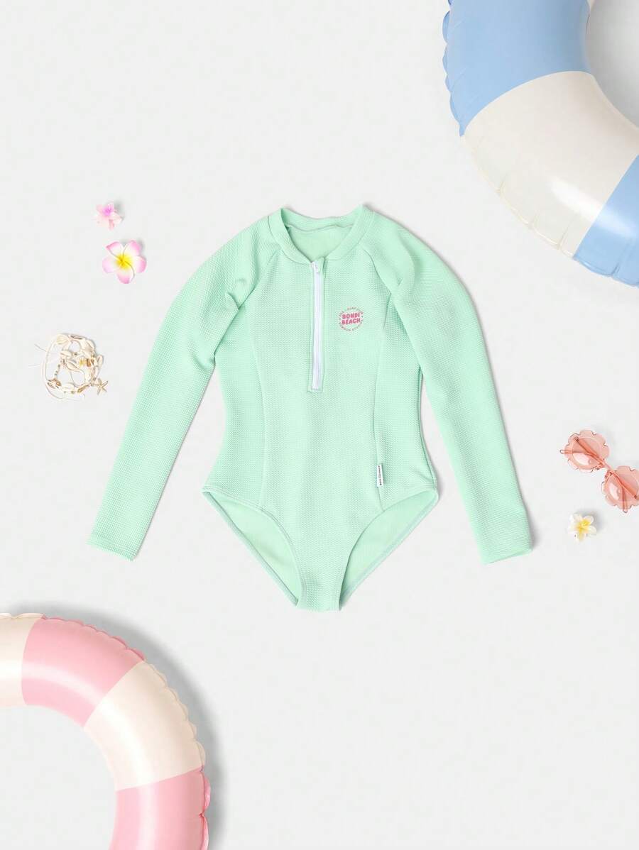 SUMWON Long Sleeve Surf One Piece Swimsuit For Tween Girls Beach Summer Protective Rash Guard UV Protection Zipper Front - Green - View 1