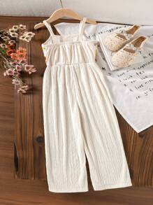 女童刺绣彩色饰边吊带连体裤，休闲日常可爱收腰连体裤，夏季必备 - 杏色 - 查看 2