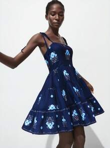 Maija 女式度假休闲花卉印花吊带背心迷你连衣裙 - 藍色 - 查看 5