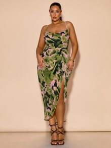 大码女式优雅甜美浪漫V领开衩扎染印花连衣裙，适合学校舞会、约会、派对、鸡尾酒会、休闲聚会、晚宴、婚礼宾客、伴娘、度假装、7月4日节日装、生日装、机场装、婚礼宾客礼服、7月4日节日装、夏季女装、性感夜店装、锐舞节装、毕业典礼等场合。 - 綠色 - 查看 7