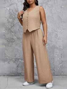 SHEIN Tall CURVE Conjunto de 2 piezas talla grande: Pantalones largos de estilo chaleco informal - Albaricoque - Ver 6