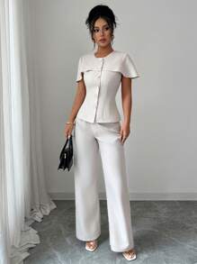 Elenzga Commute Casual Cape Design Top + Long Pants, Spring/Summer - Apricot - View 1