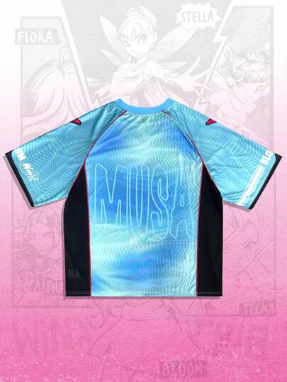 Winx Club X ROMWE Men's Casual Street Sporty Cartoon Character Graphic Colorblock Sleeve Jersey T-Shirt