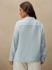 Anewsta Elegant Handcrafted Beaded Light Pink Tencel Blouse With Loose Fit Stand Collar For Women - Blue - View 3