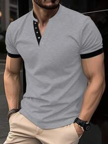 Manfinity Homme Camiseta de manga corta minimalista casual y de negocios con ribete de contraste para hombres
