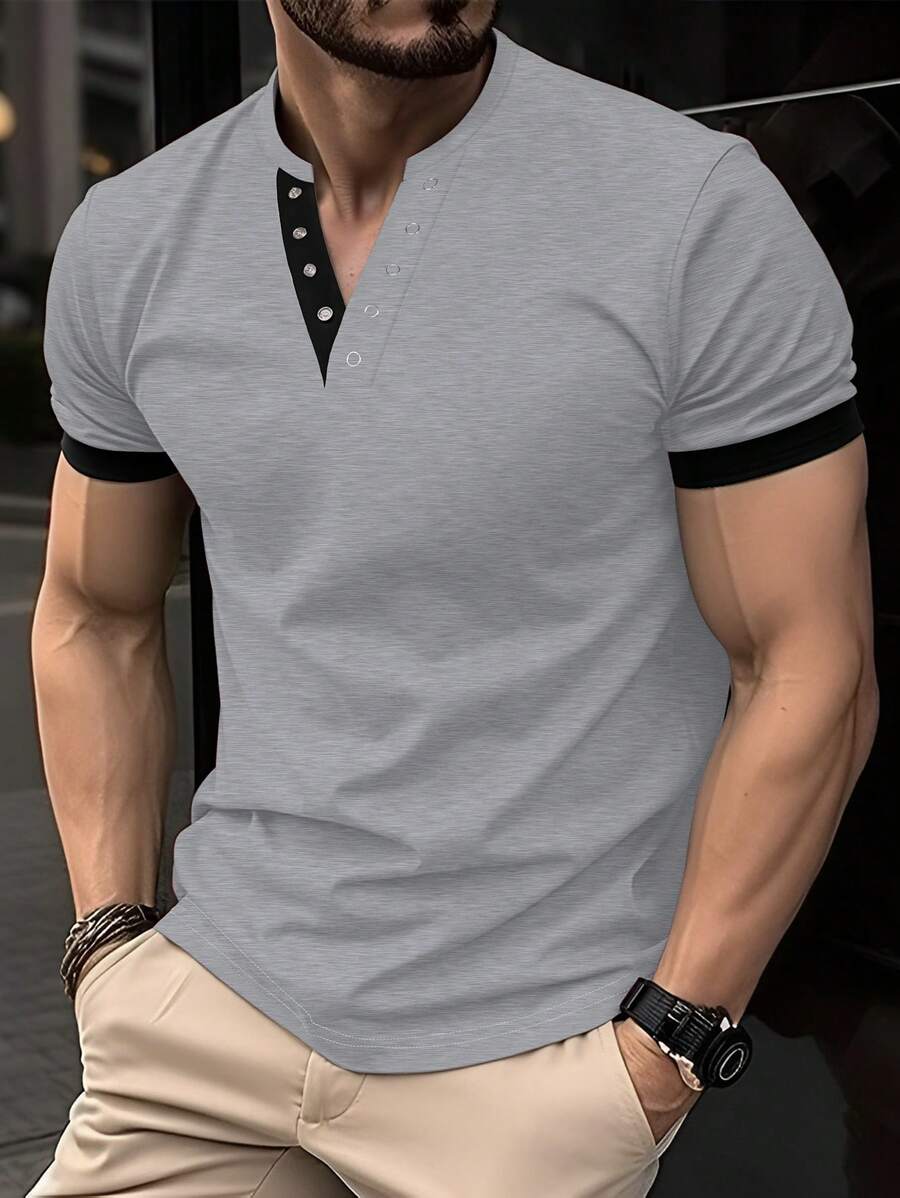 Manfinity Homme Camiseta de manga corta minimalista casual y de negocios con ribete de contraste para hombres