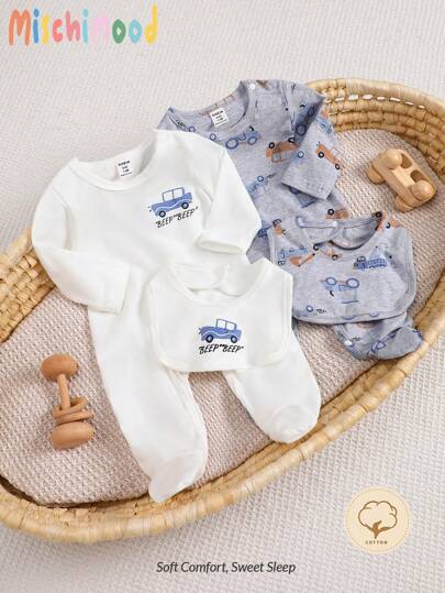 2 件新生儿男宝宝卡通汽车全身印花长袖连脚连体衣，含配套围兜，四季皆宜