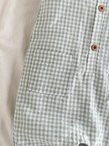 SHEIN 男婴可爱熊刺绣领亨利连体裤，带口袋，适合通勤、休闲、度假、运动、春夏季、男婴服装、婴儿服装、幼儿连体衣