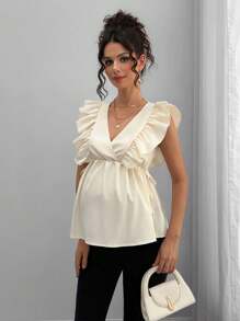 Momance 女士孕妇甜美盖袖V领短款系带无袖衬衫 - 杏色 - 查看 5