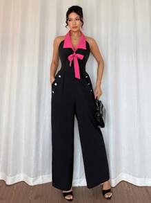 Islaluna Elegant Daily Commute Fitted Sleeveless Halter Neck Bowknot Pink & Black Long Jumpsuit