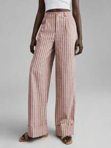 Ontre 2025 新款亚麻混纺休闲裤，复古风格，条纹面料，松紧腰带，真口袋，女式全长裤，卷边裤脚，适合日常穿着，秋季，商务休闲 - 紅色 - 查看 6