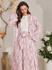 Al Najma Bộ đồ thường ngày 2 món cho nữ: Áo khoác/Áo khoác Cardigan dài tay in họa tiết nhuộm loang và quần - Bụi hồng - Xem 4