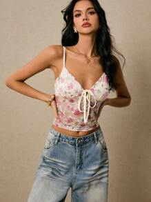 Poéselle 女士花卉蕾丝系带吊带背心，性感夏季款 - 白色 - 查看 3