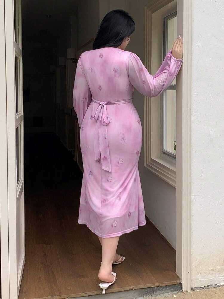 Dazy Plus Plus Size V-Neck Ruched Waist Slim Fit Long Floral Print Chiffon Dress With Lantern Sleeves,Fall Dress Long Sleeve Dress