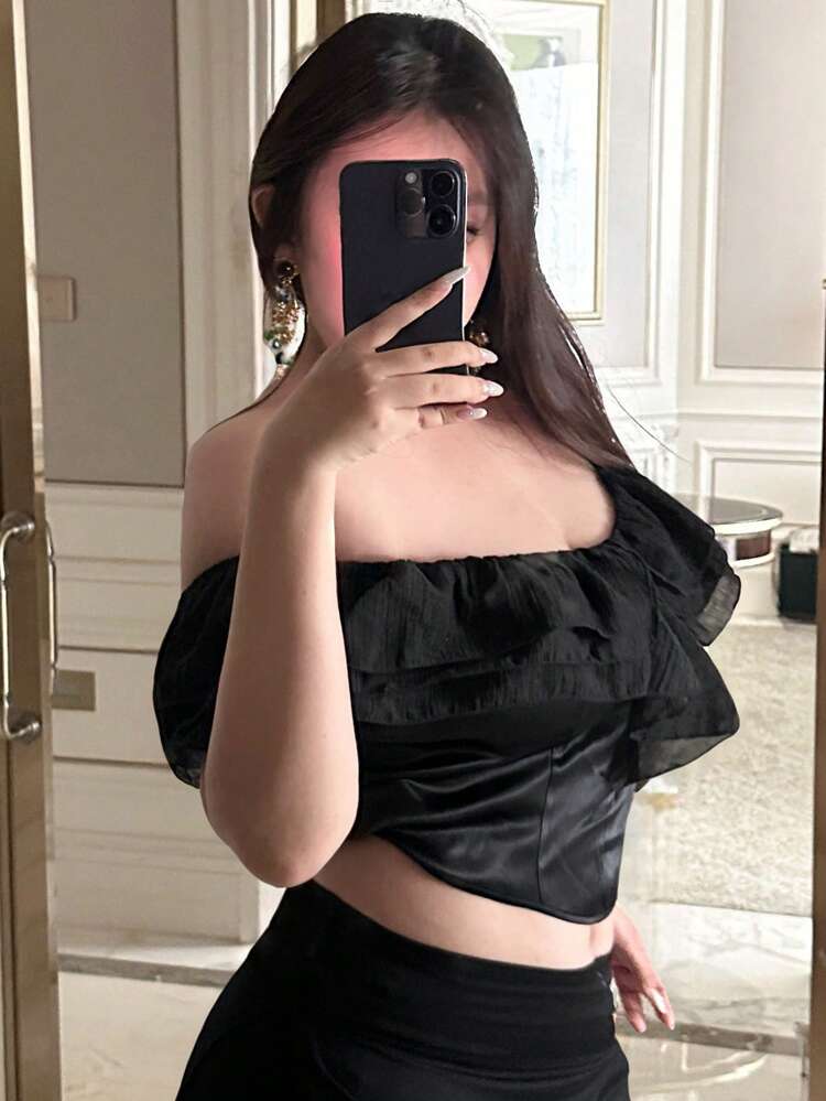 Dazy Plus Plus Size Solid Color Black Off Shoulder Asymmetrical Hem Cropped Blouse, Going Out Top Vacation