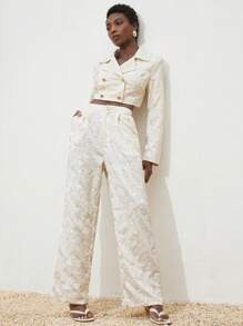 Femmeiva 2pcs/Set Spring/Summer Elegant Personalized Office Wear Sequin Embroidered Fabric Blazer Jacket And Straight Loose Fit Pants Suit Fall Cloth For Women - Apricot - View 6