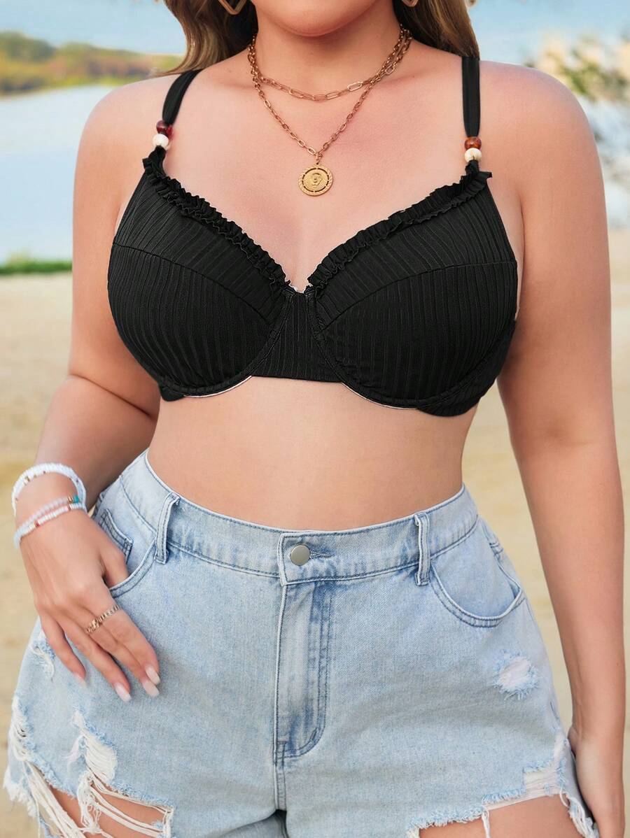 Swim Vcay Plus Size Women's Summer Beach Ruffled Bikini Top Bikini Tops For Curvy - Black - View 1