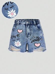 Tween Girls Y2K Style Denim Shorts, Spring/Summer New, Heart, Floral & Graffiti Print, Ripped, Casual & Versatile, Fashion Tween Girls Jeans Shorts - Medium Wash - View 1