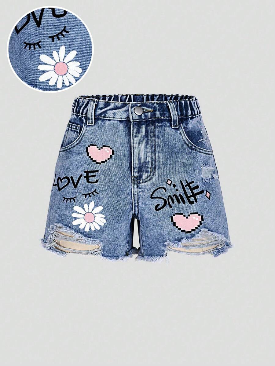 Tween Girls Y2K Style Denim Shorts, Spring/Summer New, Heart, Floral & Graffiti Print, Ripped, Casual & Versatile, Fashion Tween Girls Jeans Shorts - Medium Wash - View 1