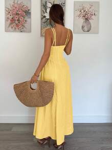 Siren Gaze 女式纯色交叉设计荷叶边优雅连衣裙 - 黃色 - 查看 3