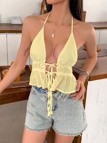 INAWLY 女士夏季纯色褶饰前系带短款吊带背心 - 黃色 - 查看 4