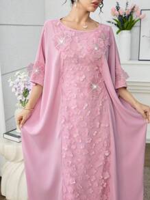 Al Najma 春夏船领3D花卉土耳其和阿拉伯传统长袍 - 粉色 - 查看 4