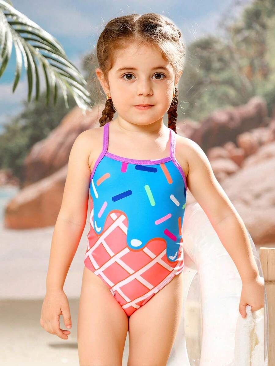小女孩冰淇淋印花连体泳衣 - 彩色 - 查看 1