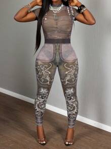 Slaydiva 2025 Quần bó nữ phong cách Punk cổ đứng tay ngắn, họa tiết denim toàn thân, họa tiết Baroque, lưới, giản dị, gợi cảm, phong cách đường phố mùa hè mới 2025-B - Nhiều màu - Xem 3