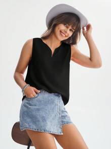 SHEIN LUNE Notched Neckline Sleeveless Blouse - Black - View 2