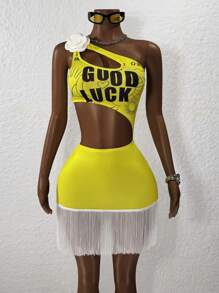 BamGleam 2025新款抢眼吉祥图案字母单肩紧身裹臀连衣裙带流苏装饰适合音乐节、演唱会、球赛、舞蹈服装、各类比赛 - 黃色 - 查看 3