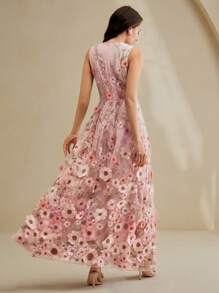 Anewsta 优雅女士短袖圆领网眼花卉刺绣长裙 - 粉色 - 查看 3