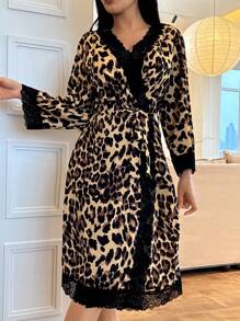 SHEIN Leopard Print Contrast Lace V-Neck Women's Robe, Fall, Winter - Multicolor - View 4