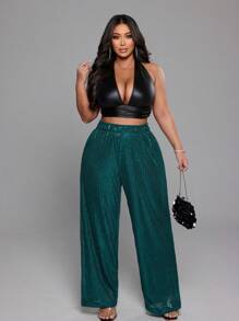 Flirla Plus Size Women Elegant Shiny Sequin Elastic Waist Romantic Party Holiday Fashion Design Pants For Valentine's Day Fall Cloth For Women