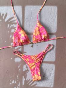 Swim Mod Set de 2 piezas Bikini de mujer con tirantes de espagueti y estampado floral aleatorio - Multicolor - Ver 2