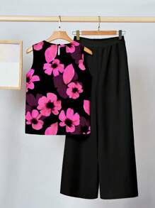 SHEIN Clasi 2pcs Women Summer Set With Casual Floral Pattern, Vintage Floral Print, Elegant - Multicolor - View 2