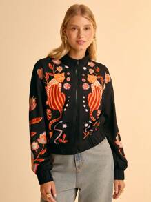 CAJUNI Women's Floral Print Long Sleeve Zip Front Lightweight Jacket In Fall/Winter - Black - View 5