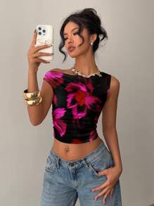 Aloruh Blouse d'épaule asymétrique plissée élégante et minimaliste pour femme, imprimé floral, convient pour l'été