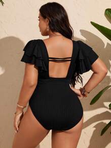 Swim Chiccia Plus Size Exaggerated Ruffle Puff Sleeve One-Piece Swimsuit For Vacation For Summer