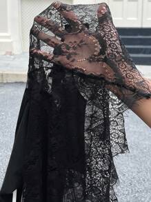 SHEIN EZwear 返校季秋季、音乐会、女士商务休闲、夜间外出生日、科技风、图案印花、蕾丝拼接、长袖圆领、黑白丝带、蝴蝶结装饰、黑色、大码卫衣