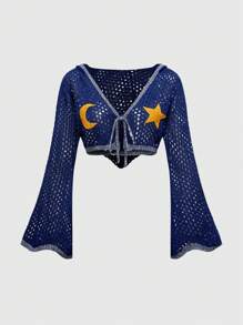 ROMWE Hippie Set de 2 piezas Suéter y falda de punto con bordado de estrella y luna para mujer