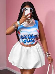 Slaydiva 2pcs/Set Women Plus Size Blue And White Summer 90s Night Out Club Outfit,Sweet Girl Print Fitted Crop Top & White Satin Ruffle Mini Skirt Sporty Set - Multicolor - View 5