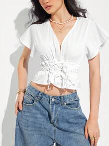 Roylia Blusa minimalista de unicolor, ajustada y de manga corta, de estilo casual para mujer - Blanco - Ver 1