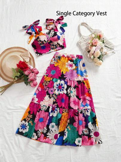 Vivid Eden Top corto ajustado con estampado floral colorido y atar, ropa urbana para mujer, casual de vacaciones, blusas de verano, Día de la Madre