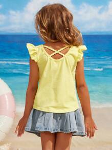 BABY SHARK X SHEIN Young Girl Cartoon Cute Shark Print Ruffle Top - Yellow - View 5