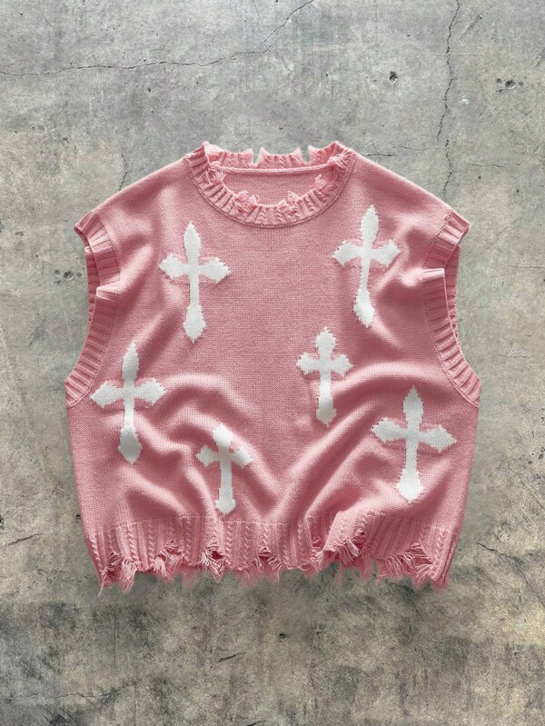 EASEVO Plus Size Men's Casual White & Black Knitted Sweater Vest, For Fall Winter