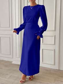EURMUSE Frenchy Frill Sleeve Maxi Dress With Lining - Royal Blue - View 5