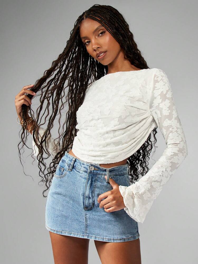 MISSGUIDED Top court à manches longues avec broderie florale, dos nu, pour sortie, soirée, automne-hiver. Mode élégante et féminine, style drapé