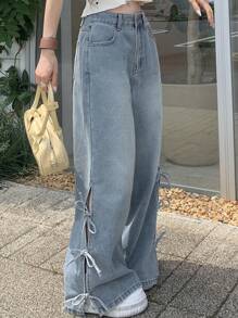 FRIFUL 女式高腰直筒牛仔裤，踝部蝴蝶结装饰，返校服