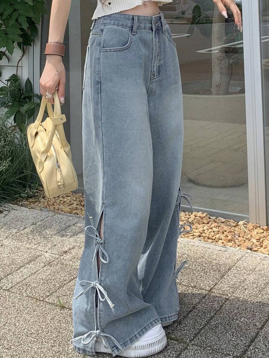 FRIFUL 女式高腰直筒牛仔裤，踝部蝴蝶结装饰，返校服