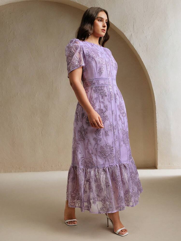 Textured Apricot Short Sleeve Round Neck Dress, Elegant For Spring/Summer, Holiday, Festival, Vacation